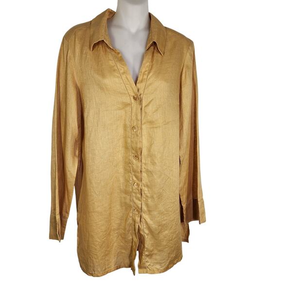 Rafaella Woman Tunic Top Size 10 Linen Shirt Yellow Button Up Long Sleeve Eyelet - Picture 1 of 10